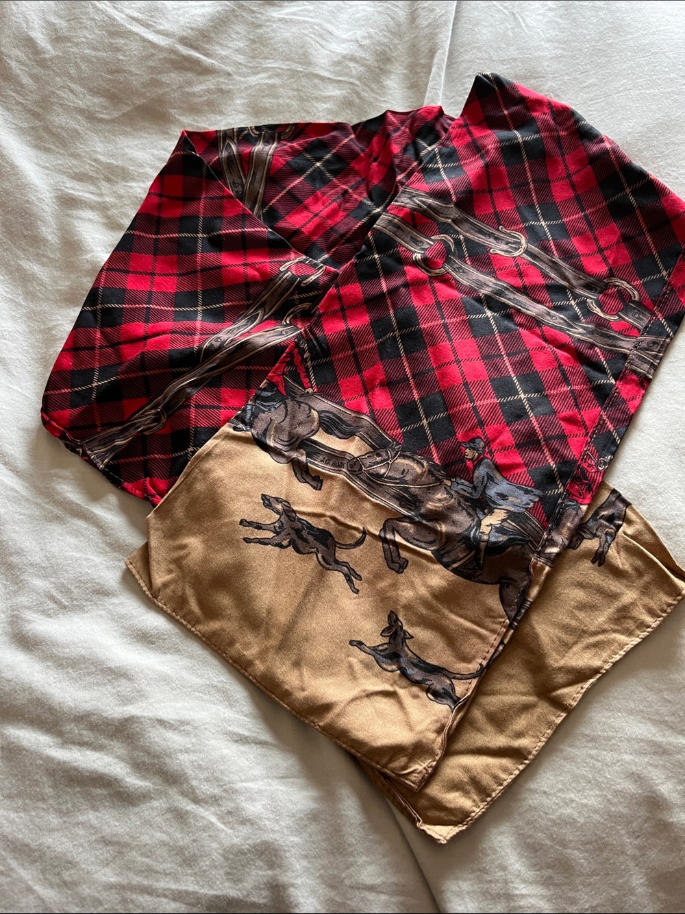 Vintage Double Face Plaid & Equestrian Print Scarf JG Hook